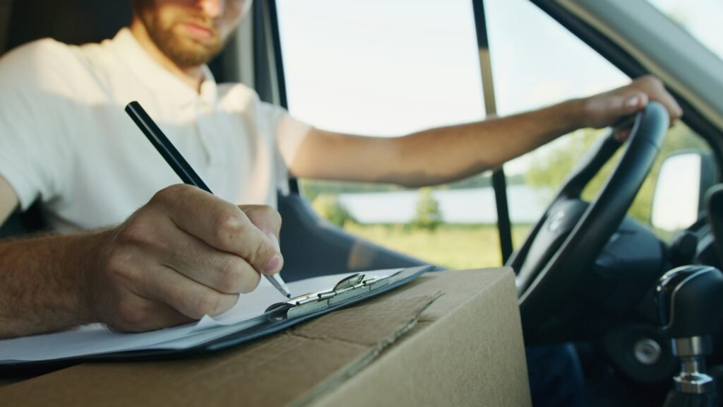Close-up of a delivery driver inside a van writing on a clipboard. Logistics and service work concept.
